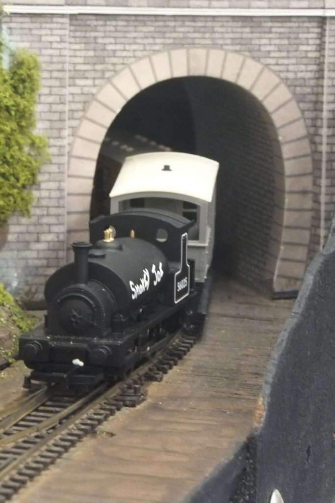 "Smokey Joe” steam engine leaves the tunnel with a brake van in tow.